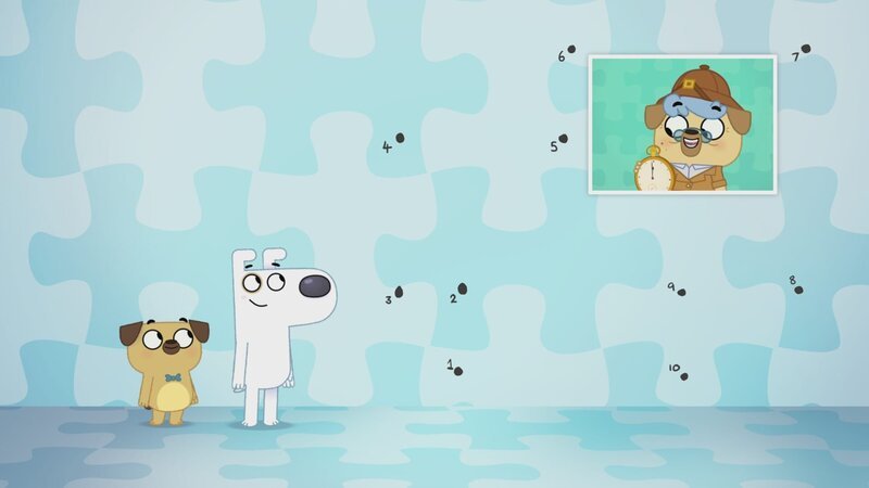 Um zu erkennen, was sich hinter dem letzten Rätsel verbirgt, müssen Dog und Puck die Punkte verbinden. – Bild: KiKA/​Dog Loves Productions Limited 2020