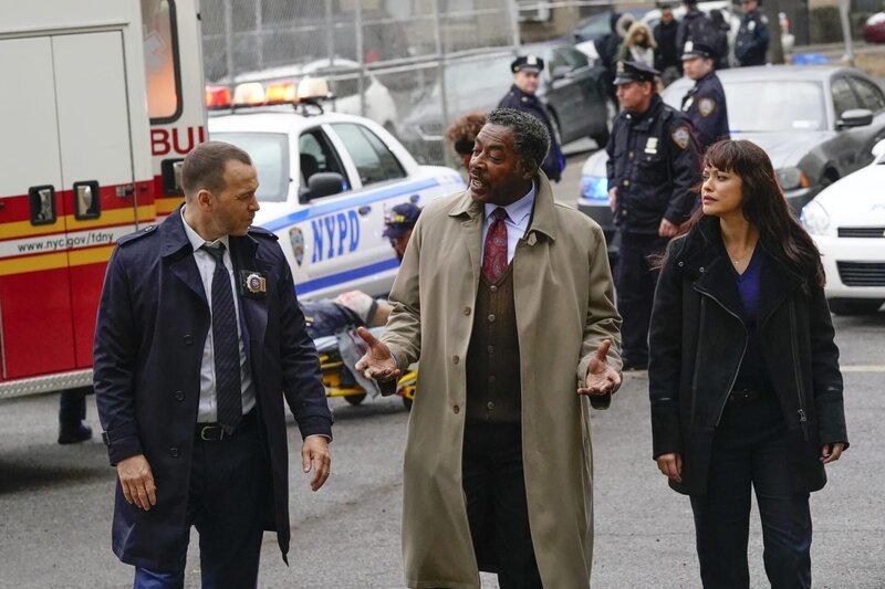 „Blue Bloods – Crime Scene New York“, „Schüsse in der Schule.“ An der Carnegie Hill School tobt der Bandenkrieg. Am Schulhof ist einem Schüler ins Bein geschossen worden. Danny und Baez stoßen bei ihren Ermittlungen auf eine Mauer des Schweigens. Keiner will aussagen. Als eine Lehrerin zusammengeschlagen wird, wird eine Schülerin als mutmaßliche Täterin festgenommen. Frank gerät unterdessen unter Druck. Der Gouverneur verlangt die Entlassung jenes Polizisten, der dessen Rechtsberater bei einer Schießerei im Burger-Laden angeschossen hat. Im Bild (v.li.): Donnie Wahlberg (Danny Reagan), Ernie Hudson (Darryl Ward), Marisa Ramirez (Maria Baez). – Bild: CBS Broadcasting Inc.