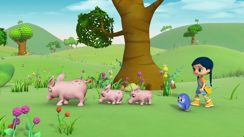 Frau Sülze und ihre Ferkel helfen Wissper und Pinguin-Mädchen Peggy bei der Suche nach dem verschwundenen Dachsjungen Bobby. – Bild: ORF/​STUDIO 100 MEDIA