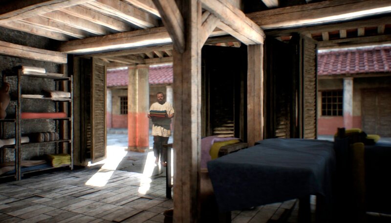 SWR Fernsehen DAS RÖMER-EXPERIMENT, „Wie leben die Römer in der Stadt?“, am Samstag (19.05.12) um 07:45 Uhr. Färber Werkstatt von Innen (Computergrafik). – Bild: SWR