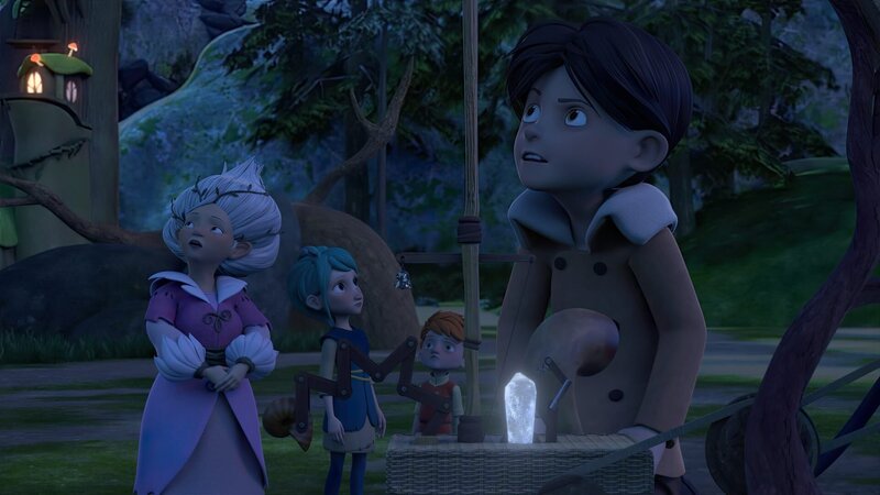 Königin Geminia (links), Glyn (Mitte links) und Yuki (Mitte rechts) sind skeptisch in Bezug auf Klincus’ (rechts) Windturbine für Frondosa. – Bild: ZDF