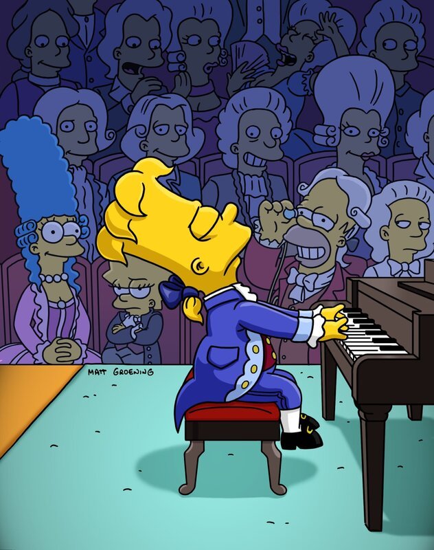 Da die Kinder Aufsätze über verschiedene historische Persönlichkeiten schreiben müssen, liest Marge ihnen in der Bibliothek diverse Geschichten vor. Bart entscheidet sich danach für Mozart … – Bild: Twentieth Century Fox Film Corporation