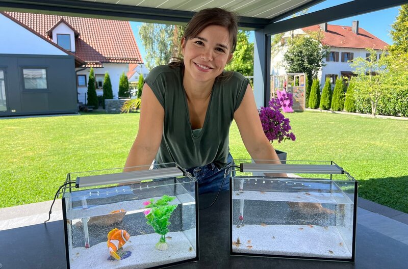 Anna vor Aquarien mit Urzeitkrebsen. Weiteres Bildmaterial finden Sie unter www.br-foto.de. – Bild: BR/​Text und Bild Medienproduktion GmbH & Co. KG/​Gerrit Mannes