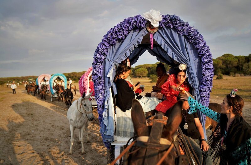 Auf Pferden und in geschmückten Kutschen machen sich die Pilger auf den Weg durch den Nationalpark Coto de Doñana zum Wallfahrtsort El Rocío. Der Flamenco spielt bei diesem Pilgerfahrt eine große Rolle. Die Frauen tragen aufwändige Flamenco-Kostüme. Überall wird gesungen, getanzt und gebetet. – Bild: ZDF /​ Mettelsiefen