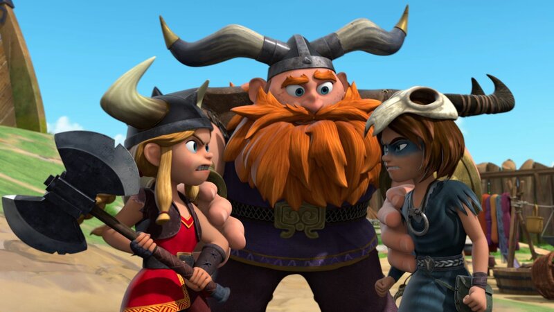 Die Wikinger stehen kurz vor ihrer Reise nach Walhalla. Liv (li.) und Stig (re.) streiten sich mal wieder. Stig soll die Reise vorbereiten. – Bild: ZDF