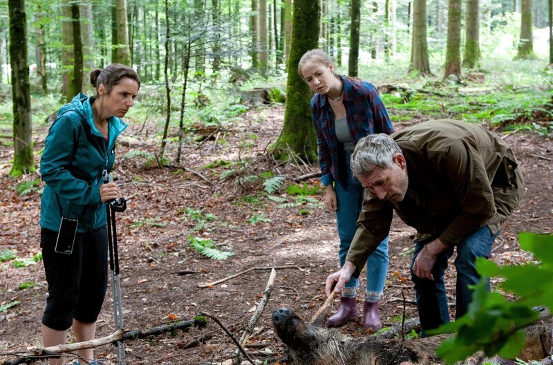 Josefine (Sanne Schnapp) macht einen schockierenden Fund im Wald – Dr. Hansen (Heikko Deutschmann) und Paulina (Tabea Hug) eilen zu Hilfe – Bild: SWR/​Maria Wiesler