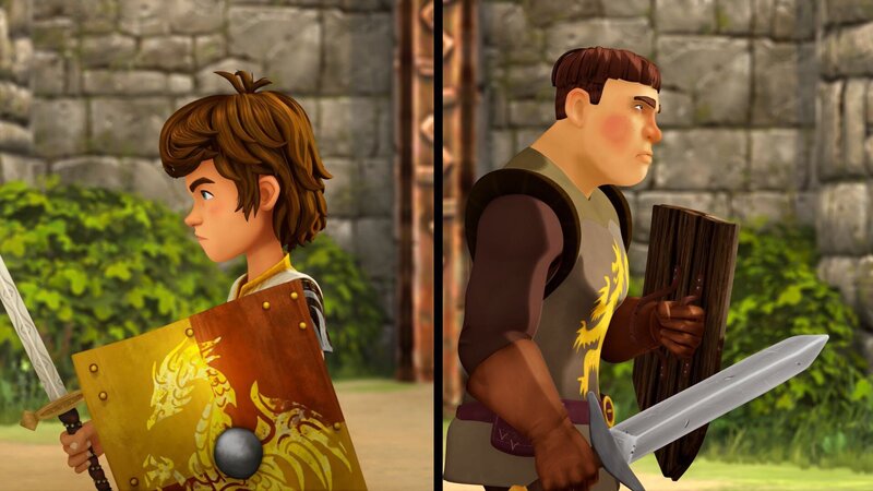 Ritter Grann von Nordwal fordert den Nachkommen Uthers heraus zum Duell. Da der König keinen Erben hat, schickt er Arthur in den aussichtslosen Kampf. – Bild: SWR/​Blue Spirit Productions/​Canal+ Thématiques