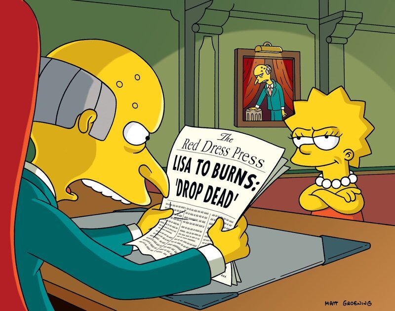 Mr. Burns (l.) versucht, sämtliche Medien der Stadt in seine Hand zu bringen, was ihm auch gelingt. Und so beschließt Lisa (r.), ihre eigene Zeitung herauszubringen, um auch eine andere Meinung öffentlich kundzutun … – Bild: Twentieth Century Fox Film Corporation