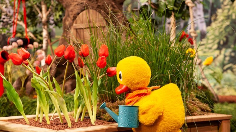 Schnatterinchen pflegt ihre Blumen. – Bild: rbb/​Christian Merten