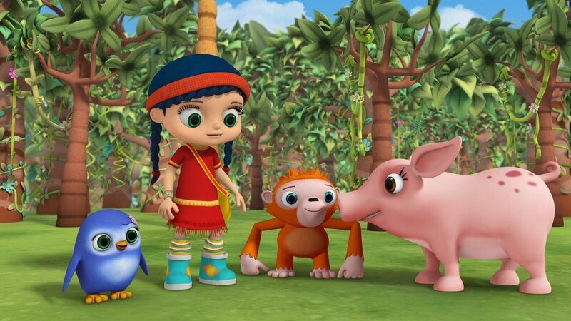 Frau Sülze soll Pinguin-Mädchen Peggy, Wissper und Orang-Utan Ollie helfen, Lottis Spur aufzunehmen. – Bild: ORF/​STUDIO 100 MEDIA