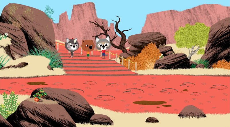 Mouk und Chavapa besuchen ihren Freund Tuscon in Utah. Dessen Eidechse Lucy ist entlaufen, doch die drei sind ihr auf der Spur. – Bild: KiKA/​Millimages