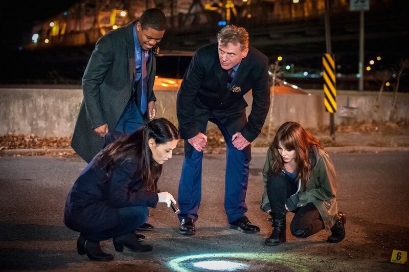 Watson (Lucy Liu, vorne l.), Detective Bell (Jon Michael Hill, l.), Captain Gregson (Aidan Quinn, M.) und Kitty (Ophelia Lovibond, r.) beschließen, mit dem New York Police Department zusammen zu arbeiten, um dem gefährlichen Copkiller das Handwerk zu legen … – Bild: CBS Television