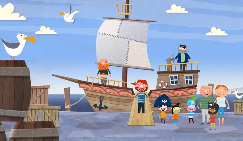 Um ihren Traum, als Seeräuber zur See zu fahren, wahr werden zu lassen, verkleiden sich die Kinder mit Bärten und Hüten. Zusammen mit den erwachsenen Piraten trotzen sie der wilden See und dem Sturm, um am Ende auch ohne Bärte richtige Piraten zu sein. – Bild: KiKA
