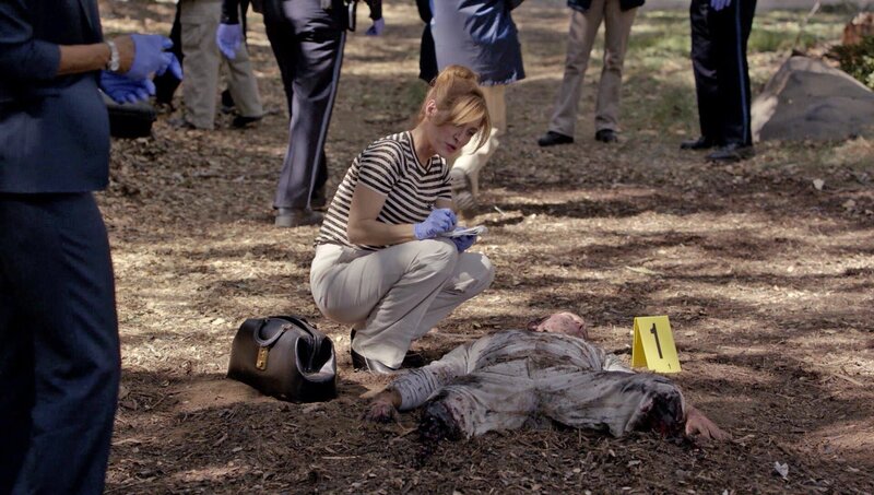 Ein Jogger ist auf eine Landmine getreten und ums Leben gekommen. Dr. Maura Isles (Sasha Alexander) untersucht die Leiche. – Bild: Mediengruppe RTL