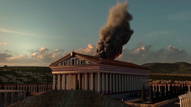 356 vor Christus geht der Vorgängerbau des Artemisions in Flammen auf. Der Legende nach handelt es sich um Brandstiftung. – Bild: ZDF