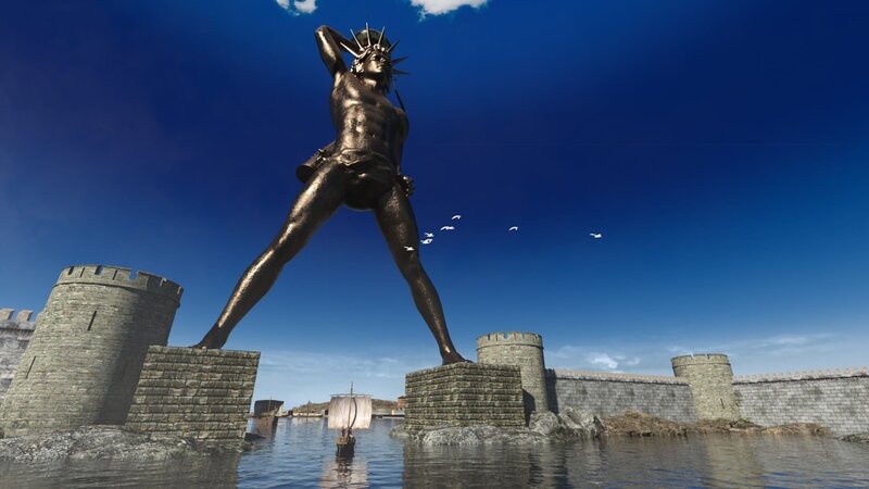 Digitale Rekonstruktion des Koloss. Die Statue ragt über der Hafeneinfahrt der Stadt Rhodos. – Bild: ZDF