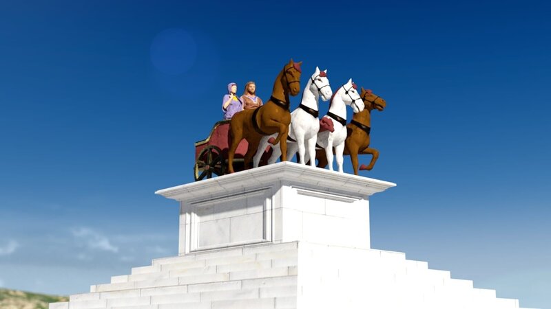 Auf dem Dach des Grabmals stehen die Statuen des Königs Mausolos und seiner Gemahlin. Sie stehen in einem von einer Quadriga gezogenen Wagen. (Computeranimation) – Bild: ZDF