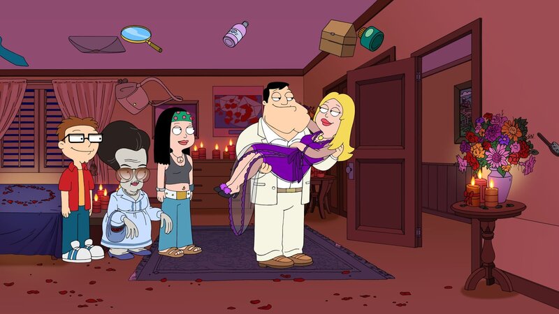 L-R: Steve, Roger als Zelda Rubinstein, Hayley, Stan, Francine – Bild: ViacomCBS /​ FOX /​ FOX BROADCASTING /​ AMERICAN DAD and 2013 TCFFC ALL RIGHTS RESERVED.
