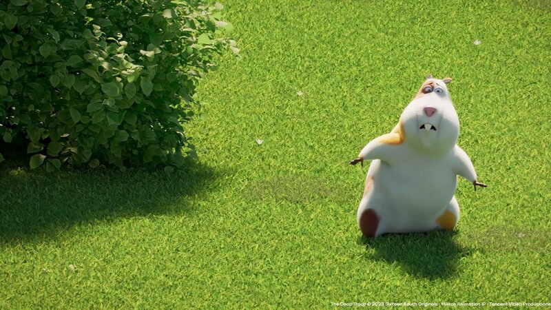 Ängstlich läuft Hamster Albert durch den Garten, denn er war noch nie draußen. – Bild: KiKA/​KiKA/​Sixteen South/​Mikros Animation IP/​Tencent