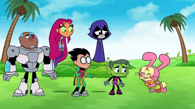 v.li.: Cyborg, Starfire, Robin, Raven, Beast Boy, Easter Bunny – Bild: TM and The Cartoon Network, Inc. A WarnerMedia Company.