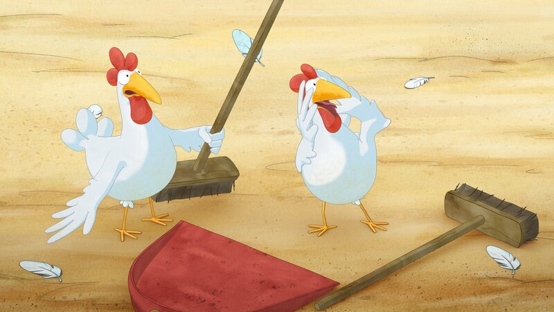 Die Hühner sind schockiert von den herumfliegenden Federn. – Bild: WunderWerk /​ ZDF und WunderWerk