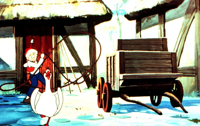 Der kleine Junge Nils Holgersson macht Jagd auf die Hausgans Martin. – Bild: BR