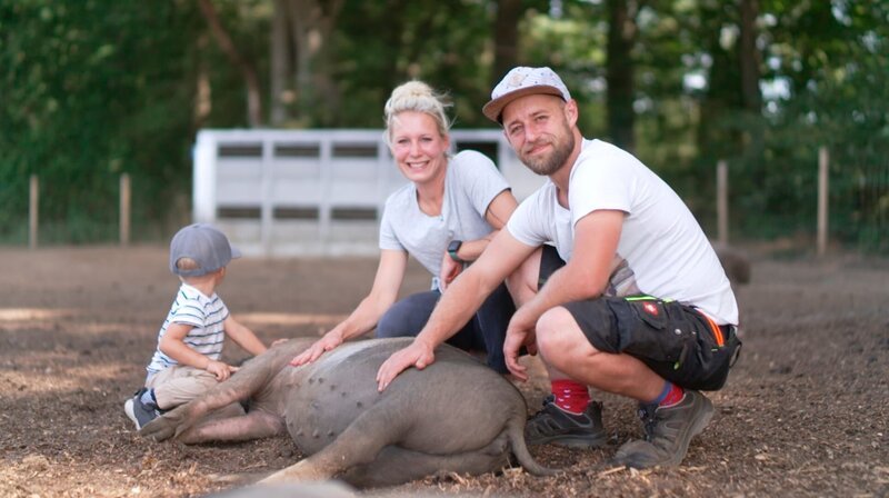 Tim (33) und Vera (32) aus Lienen im Tecklenburger Land leben Gemeinsam mit ihren Kindern Karl (3) und Hedi (2) auf einem alten Hof, und wollen dort Freilandschweine züchten. Der Traum der jungen Familie: regionales, gutes Fleisch verkaufen. Doch das ist alles andere als einfach in einer Gegend, in der Schweine selten auf einer Wiese zu sehen sind. – Bild: WDR/​sagamedia