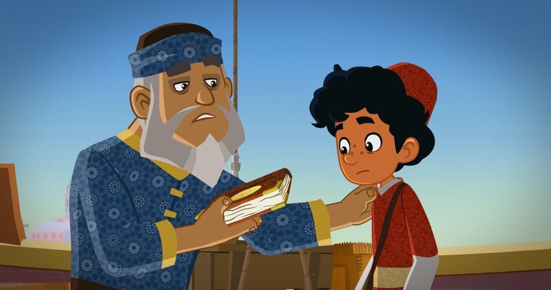 Marco (re.) bekommt das Reisetagebuch seines Vaters. – Bild: MDR/​MotionWorks/​Marco Polo Productions Inc./​Melusine Prod./​Magpie 6 Media Entert.Ltd./​Monster Ent. Ltd.