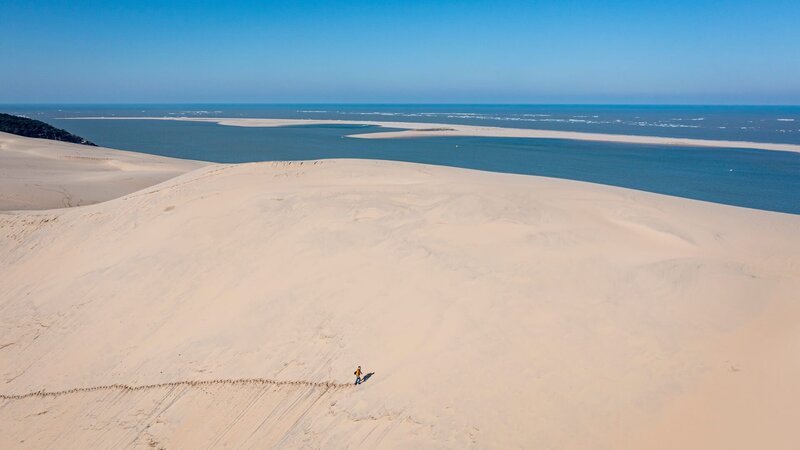 Dirk Steffens erforscht das Geheimnis der höchsten Wanderdüne Europas, der Dune du Pilat an der französischen Atlantikküste. – Bild: ZDF