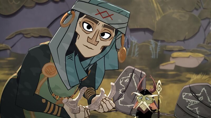 Algythe (l.) hat auf dem Geweih des Hirschs einen Hinweis auf die Rune Wyrd entdeckt. – Bild: ZDF/​Les Armateurs/​ZDF Studios