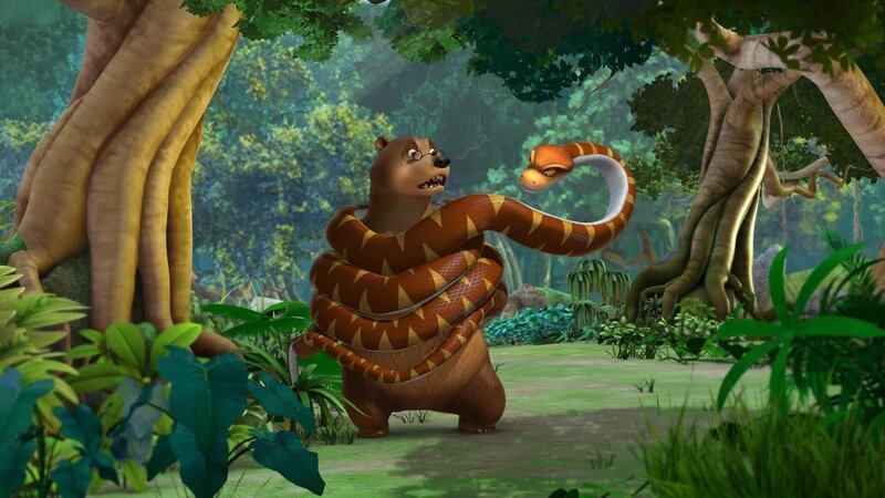 Die Schlange Kaa ist überhaupt nicht erfreut darüber, dass Balu sie auf der Suche nach Mogli aufgeweckt hat. – Bild: ZDF/​ZDF/​DQ Entertainment