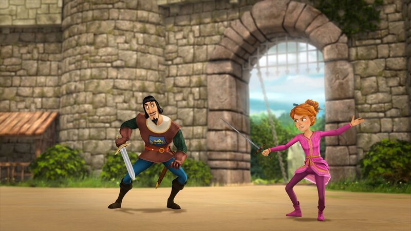 Guinevere hat einen Fechtlehrer bekommen. Begeistert übt sie mit dem galanten Don Ramiro. Arthur ist weniger begeistert von der plötzlichen Konkurrenz. – Bild: SWR/​Blue Spirit Productions/​Canal+ Thématiques