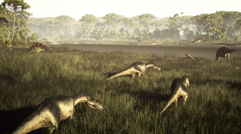 Allosaurus, the apex predator of the Jurassic, may have preyed on giant Sauropods found at the Jurassic Mile excavation site in Wyoming, USA. – Bild: phoenix/​BBC Studios/​A.A Studios Graphics