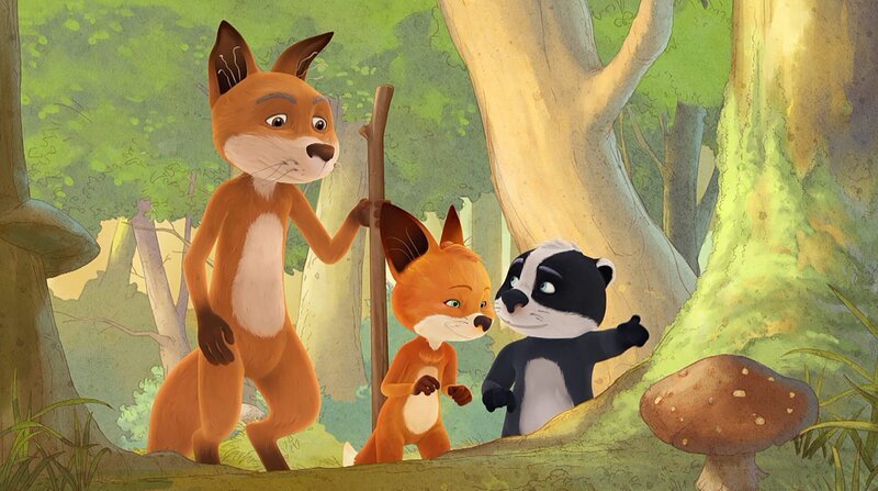 Opa Fuchs möchte Rosie und Fuchs erklären, wie man sich im Wald orientiert. – Bild: WDR/​Mediatoon