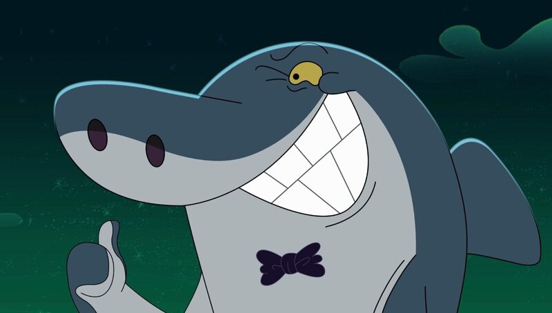 Sharko hat ein romantisches Abendessen mit Marina vor sich. Im Nachtisch hat er eine Perlenkette versteckt, um der Meerjungfrau ein Geschenk zu machen.  +++ – Bild: Die Perlenkette /​ © Xilam Animation