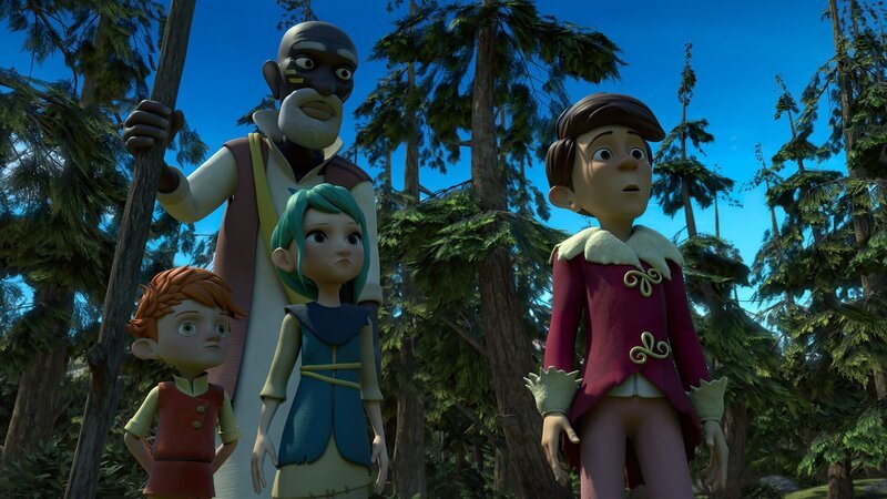 Gespannt lauschen Yuki (links), Homnius (2. von links), Glyn (3. von links) und Tipsar (rechts) den Nachrichten aus Umghard. – Bild: ZDF