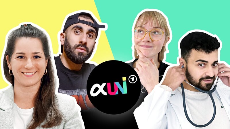 Key Visual Sendereihenbild mit Typo von „ARD alpha Uni“. Von links: Jasmin Steiner (Psychologin – 3. Jahr Ausbildung zur Psychotherapeutin), Burak Caniperk (Streetworker in Berlin), Julia von Poblotzki (Biologie-Studentin in Freising) und Ömür Coban (Medizinstudent und Rettungssanitäter in München). – Bild: BR
