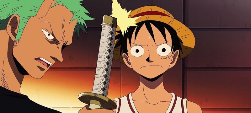 Ruffy, wartet noch immer noch auf Lysopp. Er will ihn wieder in seine Crew aufnehmen. Doch Zorro ist dagegen. . One Piece, Staffel 7 – Bild: Eiichiro Oda /​ Shueisha, Toei Animation