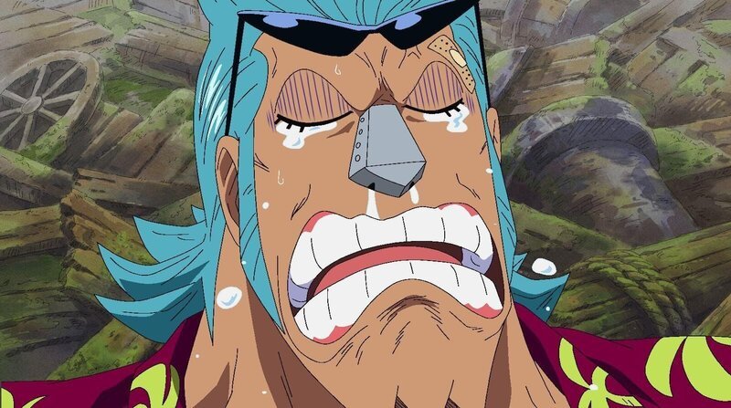 Franky fordert von Ruffy seine Unterhose zurück, aber der will sie ihm nur geben, wenn er sich seiner Crew anschließt. Franky stellt sich stur. . One Piece, Staffel 7 – Bild: Eiichiro Oda /​ Shueisha, Toei Animation