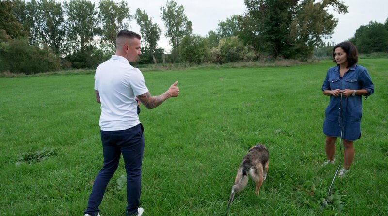Hundetrainer Steve Kaye (l) schaut sich das Jagdverhalten von Hündin Mavi in ihrem gewohnten Umfeld an und gibt Natascha erste Tipps, worauf sie zu achten hat. – Bild: WDR/​Meworks GmbH