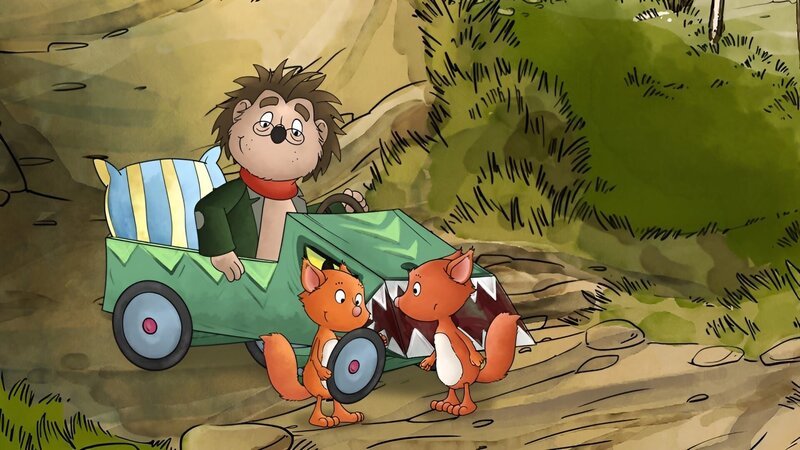 Billy und Benny sind begeistert: Rupert hat für sie eine Seifenkiste gebaut. – Bild: KiKA/​Mideu Films