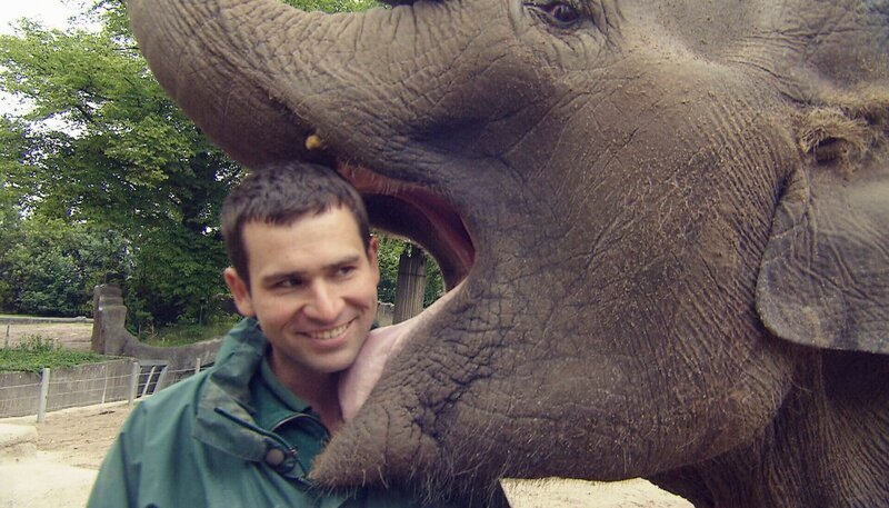 Knutschen mal anders – Tierpfleger Christian Wenzel wird vom Elefanten geküsst. – Bild: NDR/​DocLights GmbH