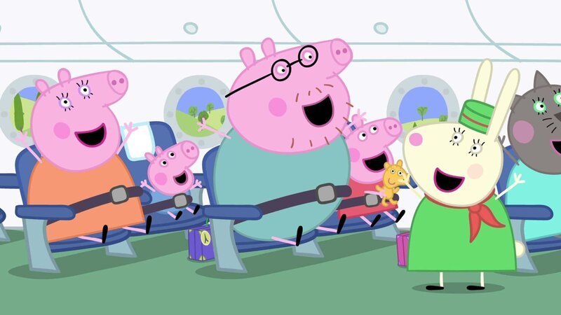 v.li.: Mummy Pig, George Pig, Daddy Pig, Peppa Pig, Miss Rabbit – Bild: Paramount