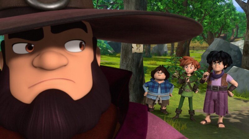 Tuck, Robin Hood und Little John haben den Zauberer in seinem Versteck mit den gestohlenen Sachen erwischt und stellen ihn zur Rede. – Bild: ZDF