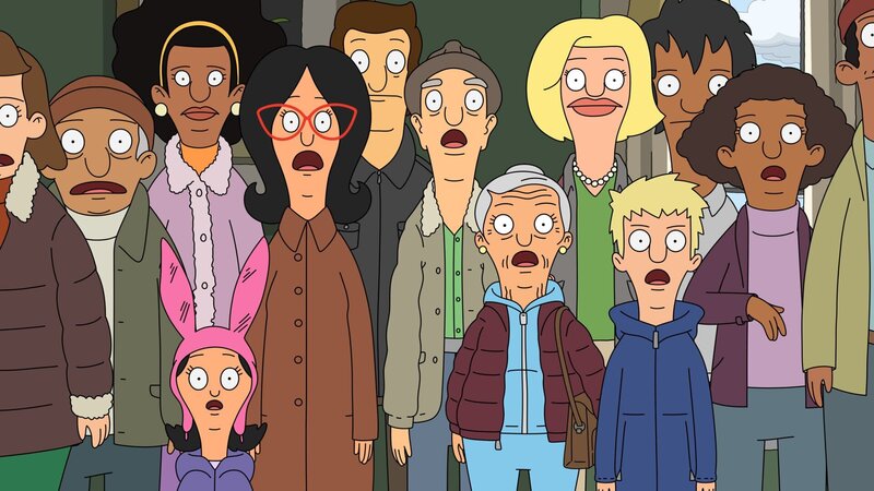 Vorne: Louise (3.v.l.), Linda (4.v.l.), Logan Bush (3.v.r.) – Bild: BOB’S BURGERS