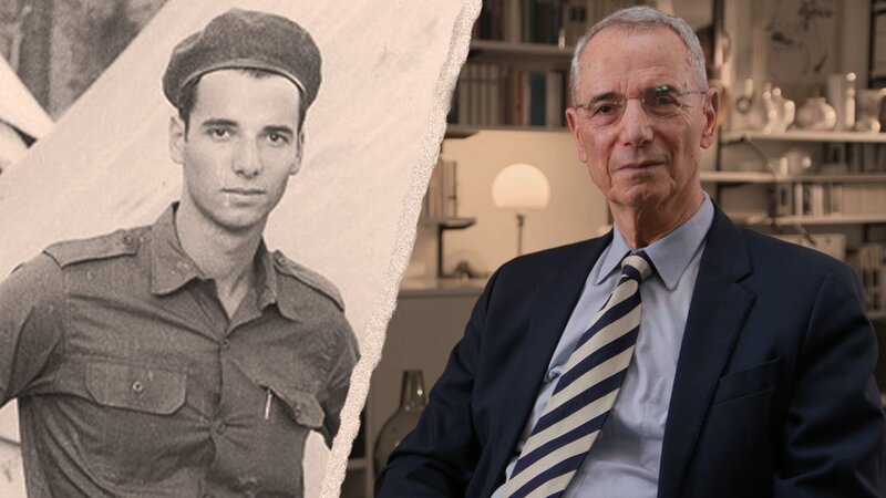 Zeitzeuge Michael Wolffsohn als junger Soldat (links) beim israelischen Militär und im Jahr 2025 beim Interview. – Bild: Michael Maylandt /​ BR