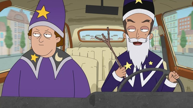 Ludwig Auster (links) sitzt neben einem Zauberer im Auto. – Bild: SWR/​BR/​Little Dream Entertainment