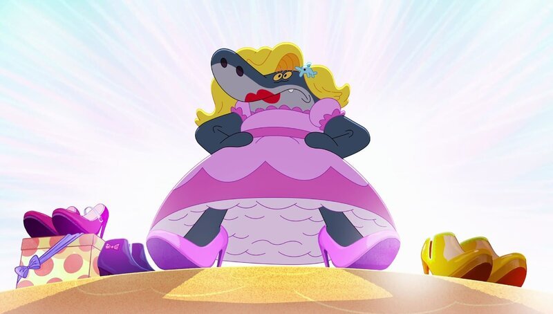 Auf der Verfolgungsjagd verwandelt sich Sharko selbst in eine Strandschönheit und wird von allen bejubelt. – Bild: Xilam Animation