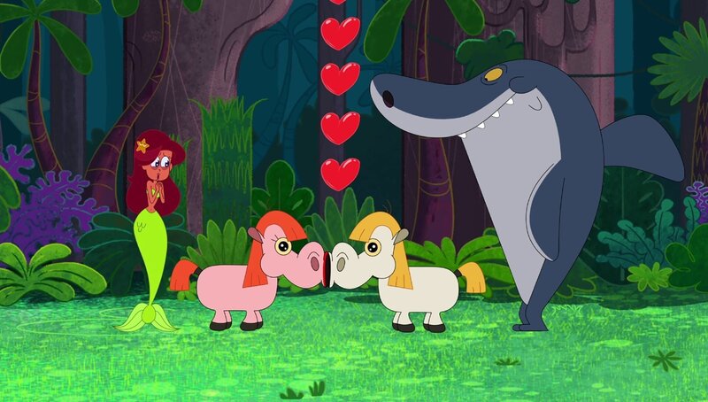 Marina und Sharko schauen den verliebten Ponys zu, die endlich wiedervereinigt sind. – Bild: Xilam Animation