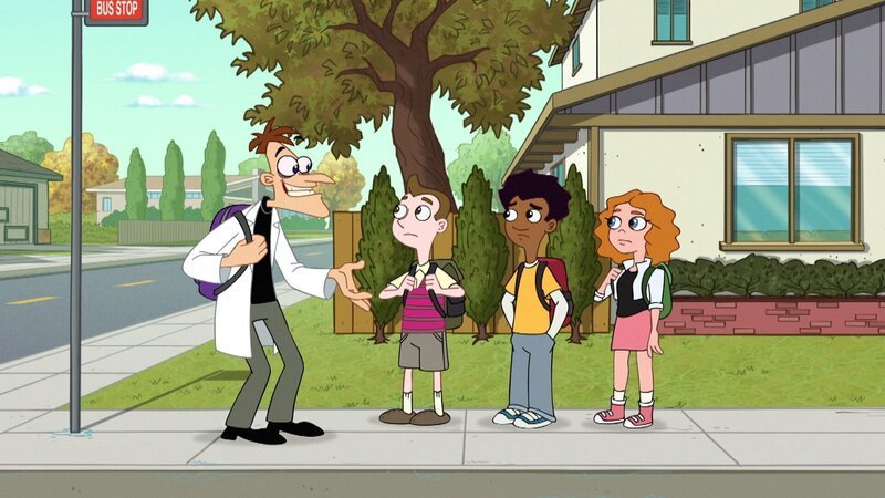 L-R: Heinz Doofenshmirtz (voiced by Dan Povenmire), Milo Murphy (voiced by „Weird Al“ Yankovic), Zack Underwood (voiced by Mekai Curtis), Melissa Chase (voiced by Sabrina Carpenter) – Bild: Disney+